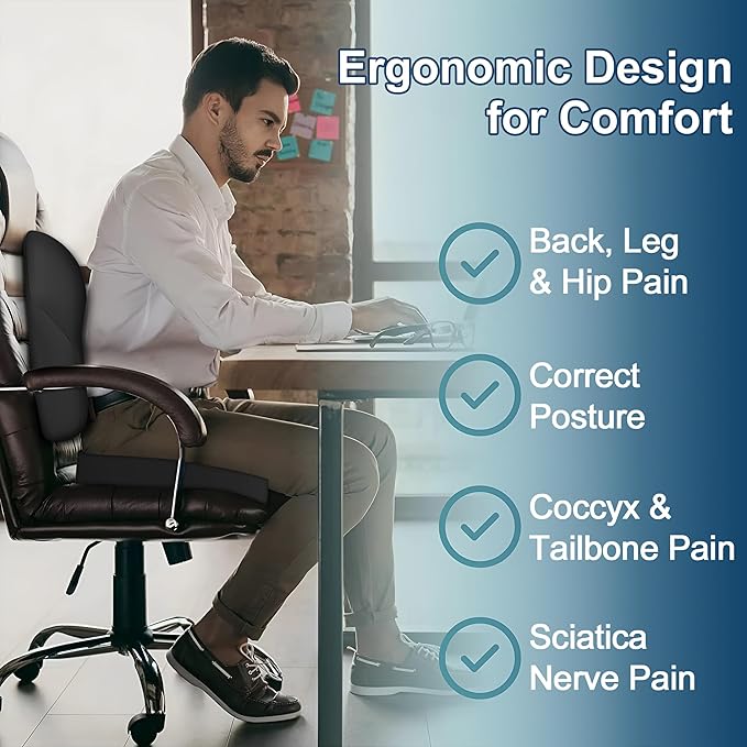 Cushion and Lumbar Support Pillow, Relief Pressure Seat Cusion for Office Chairs & Car Seat, Ergonomic Design Cusion for Tailbone Pain Relief, Sciatica & Back Support (Black, Lumbar&Cusion)
