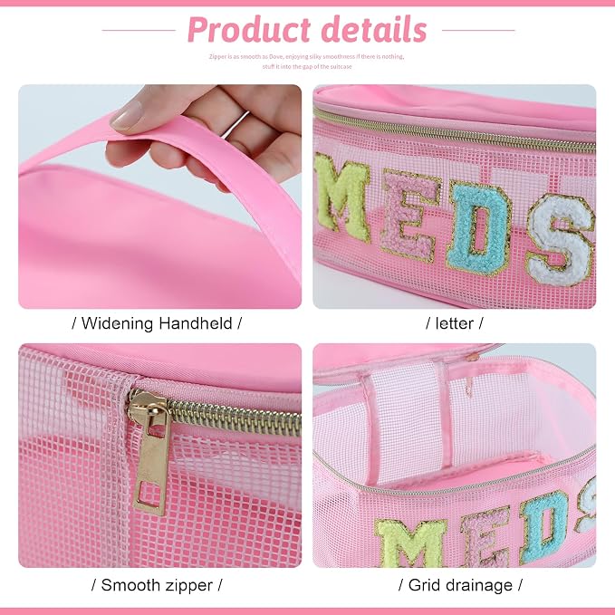 Medicine Bag, Portable Meds Bag with Chenille Letters, Breathable Mesh Makeup Bag Organizer for Travel, Pill Storage & Cosmetic Collection