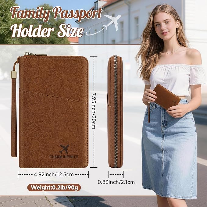 Likesing Family Passport Holder for 4, RFID Multiple Passport Holder-Brown | Leather RFID Blocking Travel Passport Wallet with Zipper, Travel Document Organizer with Wrist Strap Card Slots for Women Men