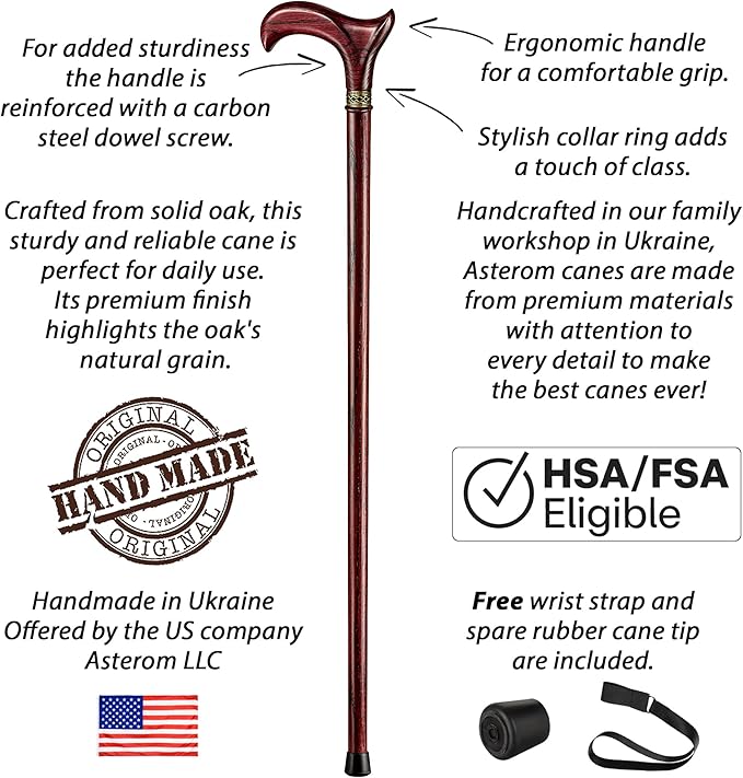 Asterom Walking Cane - Handmade, Ergonomic, Wooden - Canes for Men & Women - Walking Sticks for Seniors, Unique, Wood