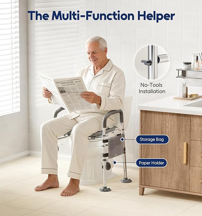 Bluelog Raised Toilet Seat Risers for Seniors with Handles, Grey | Adjustable 7 Height & 6 Width, 400lbs Heavy-Duty Support, Built-in Paper Holder & Storage, For Elderly & Handicap