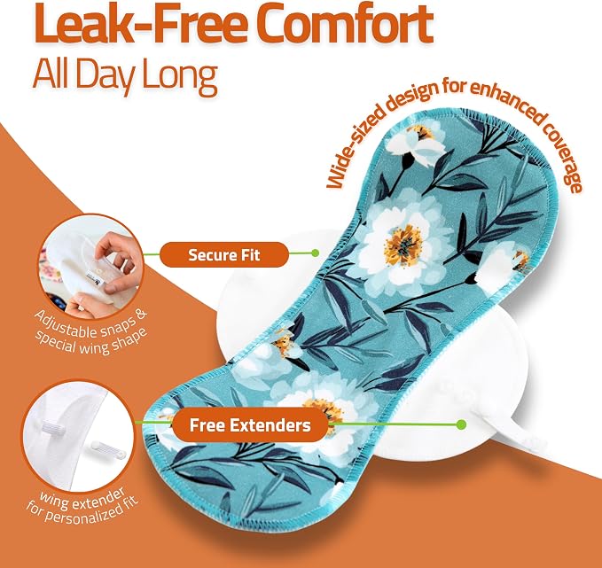 Non-Slip Reusable Incontinence Pads for Bladder Control (L+XL; 6-Pack); High Temp Washable Organic Cotton Cloth Pads with Fast Absorption & Odor Control; Ultra-Soft & Non-Irritating for Sensitive Skin