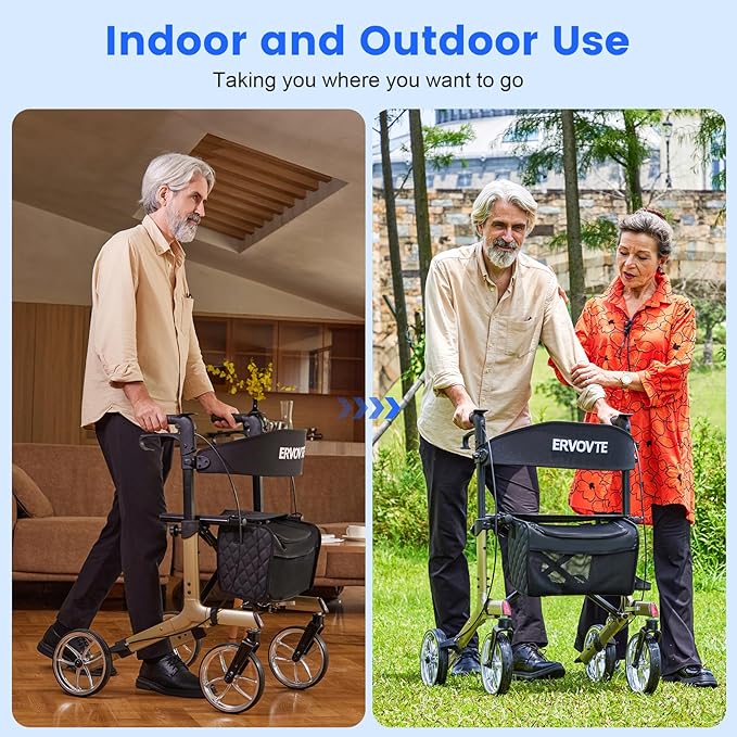 Walkers for Seniors with Seat, Foldable Rollator Walker, Reinforced Aluminum Frame, 8" Big Wheels for Indoor & Outdoor All Terrain Use, Height Adjustable Lightweight Rollator Walker with Seat