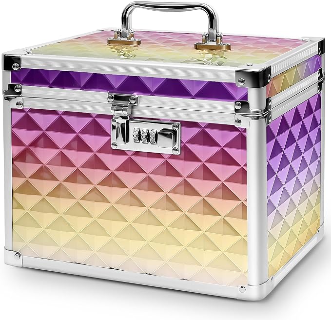 Medication Combination Lock Boxes with Code for Personal Items, Medicine Lockbox for Documents 10 x 7.25 x 7.75 Inches Rainbow Plaid Gold Purple