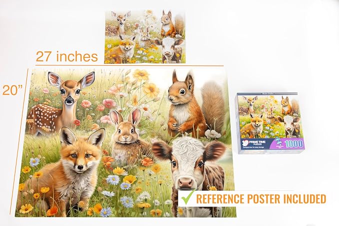 Adult Jigsaw Puzzle 1000 Piece Cute Animals | Features deer, cow, fox, squirrel, and rabbit artwork. 20x27-inch. Great for game nights on a table, puzzleboard, or floor.