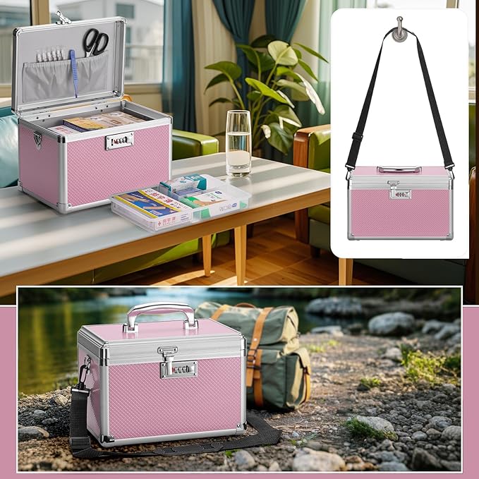 Medicine Lock Box With Combination Lock - 11.2 x 7.6 x 7.6 Inches - First Aid Safe Medication Storage Box, Medications and Personal Items, Safe Boxes for Home and Outdoor - Pink