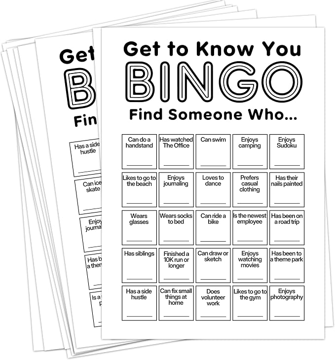 Find Someone Who Bingo Cards, 25 Unique Randomized 5x7 Sheets, Get to Know You Bingo Game for Adults, Ice Breaker Office Party Games, Team Building Games for Work, High Replay Value - A01