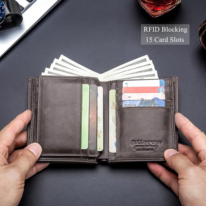 BULLCAPTAIN Large Capacity Genuine Leather Wallet for Men QB-027 | Bifold Wallet,RFID Blocking,Credit Card Holder,15 Card Slots,Special Expandable Design,gift choice