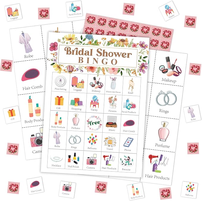 Bridal Shower Bingo Card, Wedding Shower Bingo Game for Adults Large Group Family Friends, Wildflowers Themed Bachelorette Party Favors Supplies, Holiday Games for 24 Players -01