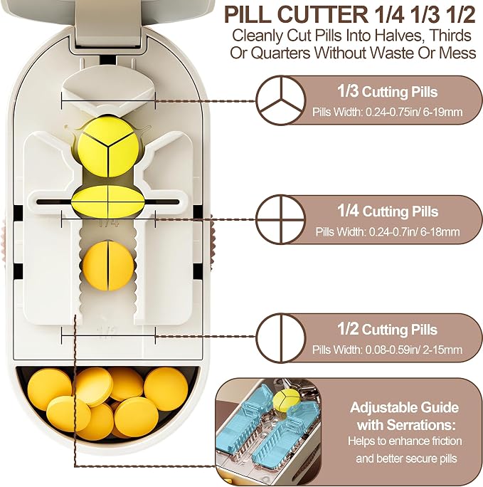Pill Cutter Splitter for Small and Tiny Pills, Vertical Push Down Cut Pill Cutter 1/4 1/3 1/2, Accurate Pill Cutter for Small or Large Pills with Storage Cleaning Brush Pill Crushers for Elderly Pets