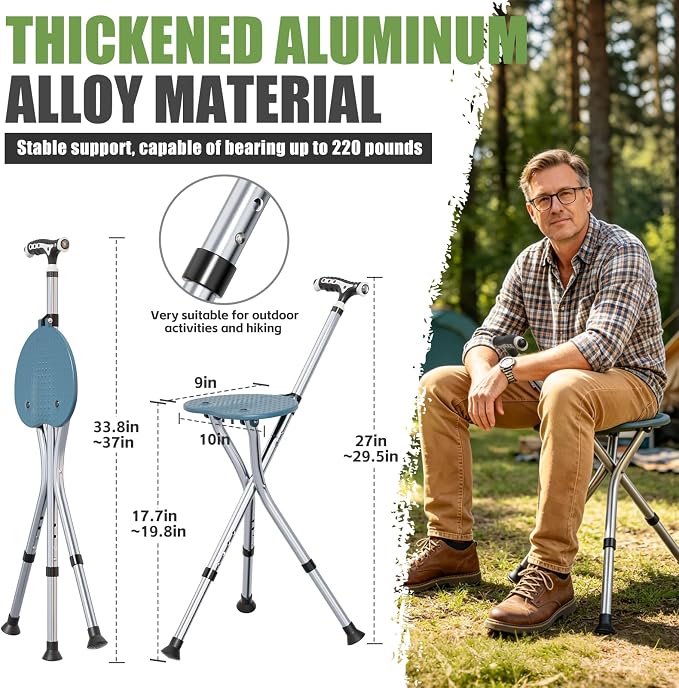 Alloy Folding Cane with Seat, Lightweight Adjustable Walking Cane with Seat, Cane Seat with LED for Seniors, Cane Chair for Woman/Man,Anti-Slip Walking Stick for Seniors