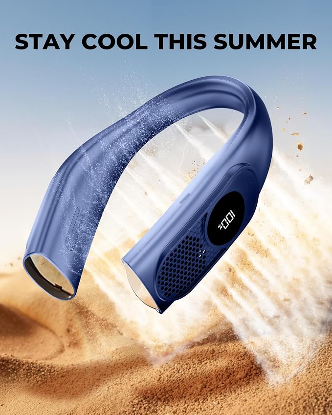 Portable Neck Fans that Blow Cold Air, Wearable Bladeless Neck Fan, Rechargeable 360°Personal Fan Neck Cooler, 3-Speed, LED Display, 4000mAh, Type-C Port, For Travel, Birthday Gift for Women-Blue