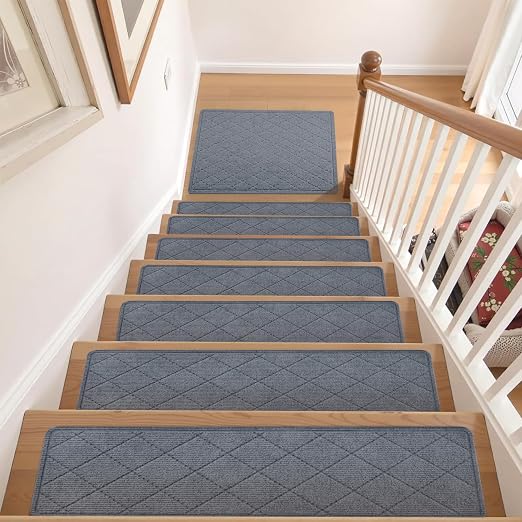 Stair Treads with Landing Rug for Wooden Steps Indoor, Peel and Stick Stair Treads Matching-Mat 20"X32" Stair Landing Slip Resistant Polyester Stair Rugs Non Slip for Seniors and Dogs,Grey Blue