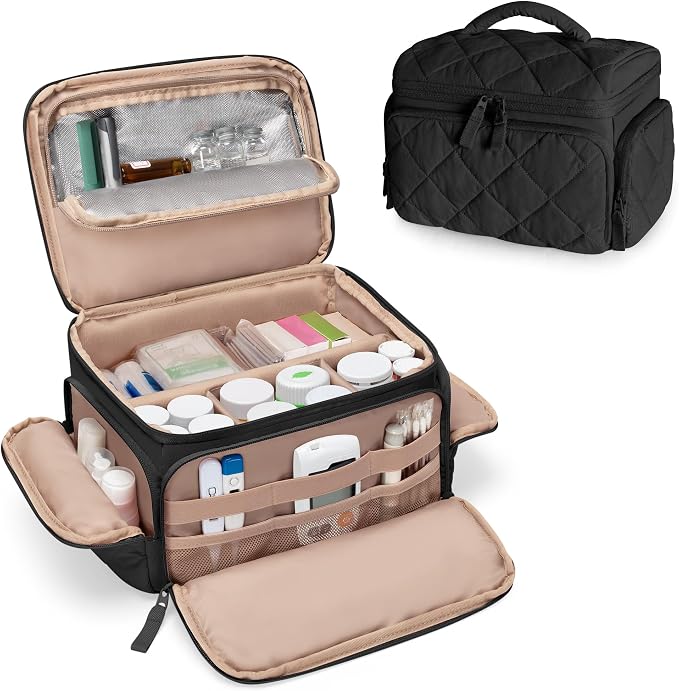 Marscamd Pill Bottle Organizer with Insulated Pocket, Black (BAG ONLY) | with 4 Customized Dividers & Padded Protection for Pill Bottles, Insulin and First Aid Supplies