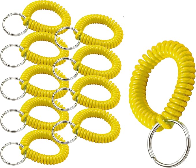 Lucky Line 2” Spiral Wrist Coil with Steel Key Ring, Flexible Wrist Band Key Chain Bracelet, Stretches To 12” Yellow, 10 Pack (41080)