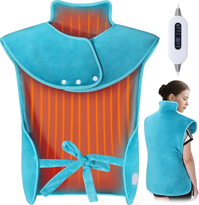 Heating Pad for Back Neck Shoulders, Large Wearable Relax Muscles, Birthday Gifts for Women Men Mom Dad Elderly, 3 Heat Settings/2-Hour Safe Auto-Off, 24"×37" Ergonomic Fit Design-Blue