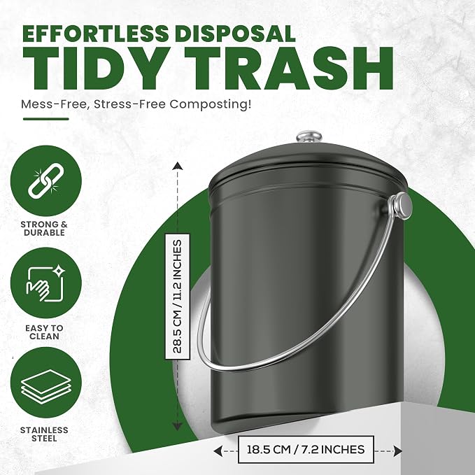Utopia Kitchen Countertop Compost Bin 1.3 Gallon, Stainless Steel, Grey | Odorless countertop compost bin with charcoal filter, ideal for food scraps and waste