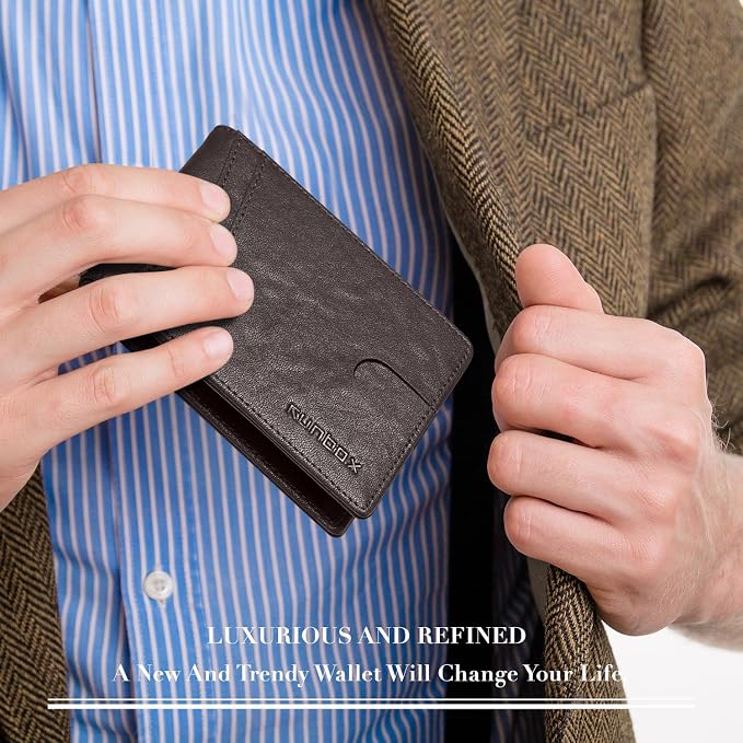 RUNBOX Wallet for Men -Slim Rfid Leather Mens Bifold Novelty Wallets 2 ID Window With Gift Box Men's Accessories | Minimalist Front Pocket Design, Holds 15 Cards, Large Capacity with Cash Pocket,Compact and Thin, Birthday Gifts for Men