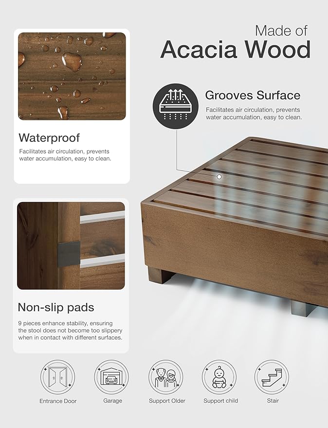 TINAMO 6.5" One Step Stool for Elderly, Walnut Wood High Riser Step Stool for Bed – 550 Lbs Wooden Mobility Stepping Stool for Adults, Kids/Bedside, Bathroom, Kitchen, Garden (Walnut, 6.5" Height)