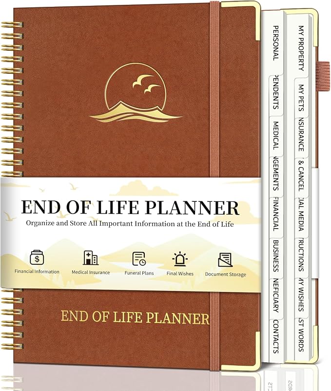 End of Life Planner, Estate Planning Organizer with Tabs for Senior, Spiral Funeral Planning Book with Large Font, Gold Corner Guards & Inner Pocket for Will Preparation, 7.36" x 10.4", Brown