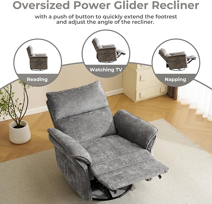 Oversized Power Recliner Chair Swivel Glider with Massage and Heat, Rocker Nursery Recliner for Adults with Adjustable Headrest, 24" Extra Wide Nursery Chair with Overstuffed Armrest, Dark Grey