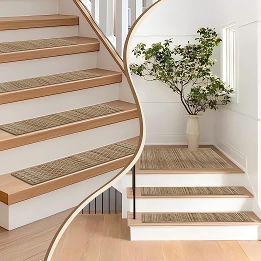 Non Slip Stair Treads for Wooden Steps, 1 Pack 30"x30" Washable Carpet | 30x30 in soft chenille polyester stair treads with reusable TPE backing for indoor wood stairs, dogs, kids, and seniors