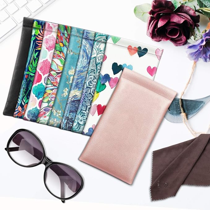 FINTIE Soft Eyeglasses Case with Cleaning Cloth, Portable Squeeze Top Vegan Leather Glasses Pouch, Sunglasses Eyewear Bag
