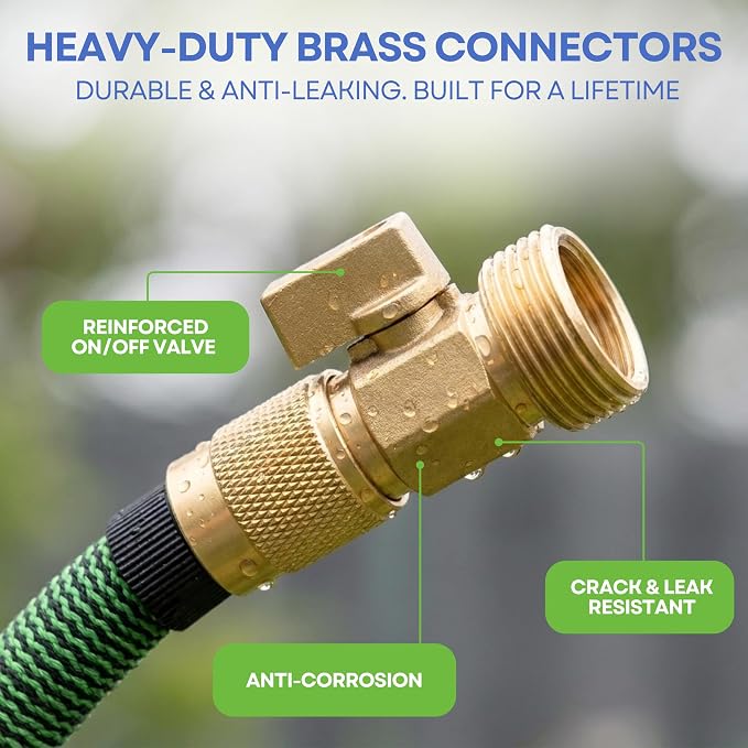 J&B XpandaHose 100ft Expandable Garden Hose, Lightweight, Brass Connectors | Ultra Strong 3750D fabric, 4-layer latex core, expands 3X, kink & leak-resistant, 10-pattern nozzle, storage bag