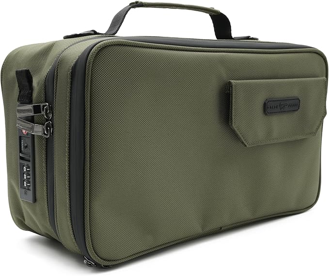 Large Storage Case with TSA Combination Lock Bag, Portable Carbon Lined, XL Medicine Lockable Box for Travel & Home Secured Box Organizer Divider Jars Accessories, Removable Tray (Green)