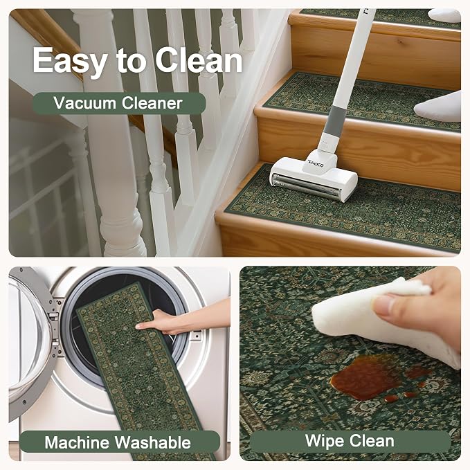 sarben 8"x30" Non Slip Stair Treads for Wooden Steps 15Pk, Dark Green Multi | Peel and Stick Carpet Stair Runner with TPE Adhesive Backing, Carpet for Added Safety, Pet and Senior Friendly