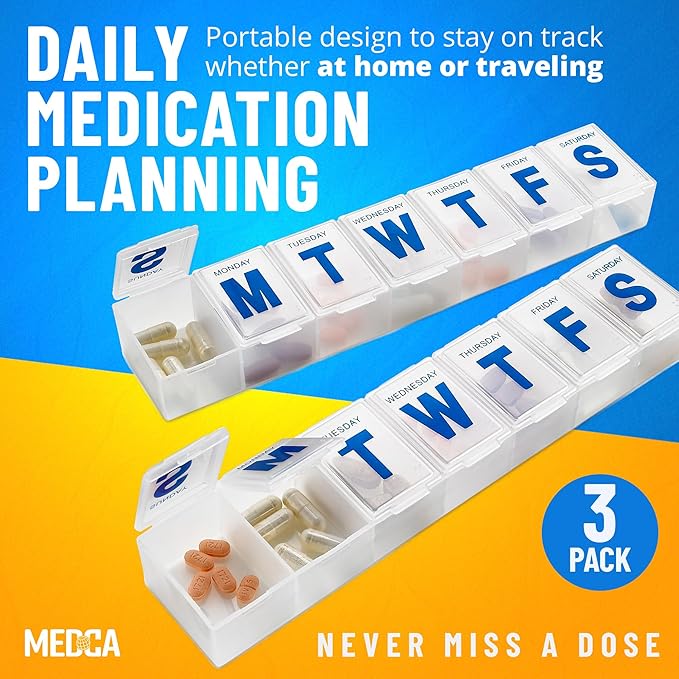 Weekly Pill Organizer - 7-Day Pill Planner Extra Large Pill Planner and Daily Pill Organizer and Medicine Reminder, Monday to Sunday Compartments - BPA Free - Travel Pill Box Case (Pack of 3)