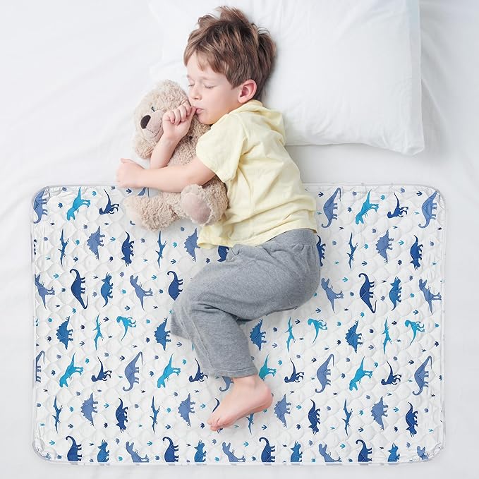 Organic Incontinence Pads for Kids & Toddlers - 5 Layer Waterproof Protectors for Overnight Bed Wetting - Reusable & Washable Pee Pads - Fits Twin to Full Size Beds - 34" x 52" Dinosaur