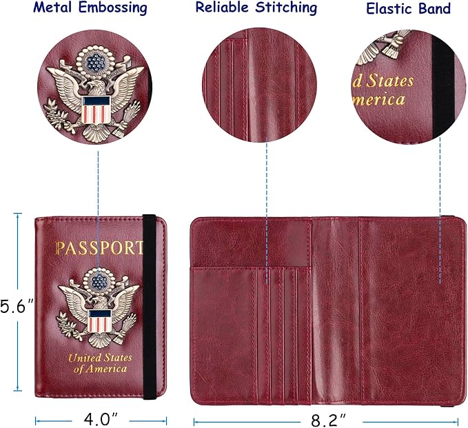 TOURSUIT RFID Blocking Passport Holder, Leather Travel Wallet, Rose Red | Travel Document Holder Cover Accessories, 3D Metal Badge, For Women Men