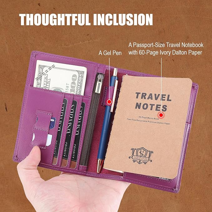 STAR VISTA Phoenix Leather Passport Holder, Calfskin Leather Travel Wallet - RFID Blocking, ID Window, Zipper Pocket, Pen & Notebook Included, AirTag Holder, Violet