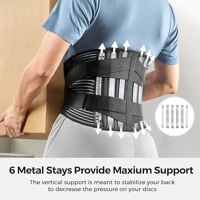 FREETOO Back Braces for Lower Back Pain Relief with 6 Stays, Breathable Back Support Belt for Men/Women for work , Anti-skid lumbar support belt with 16-hole Mesh for sciatica(L)