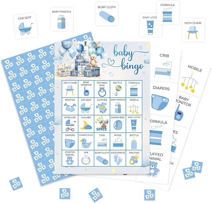 Baby Bingo Game Cards, Balloon Bear Bingo Games for Adults, Blue Baby Shower Bingo Cards Supplies, Gender Reveal Party Decor Favors, Card Gifts for Women Friends Family Birthday Holiday