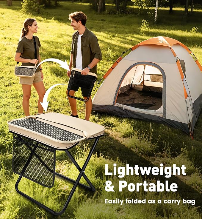 2 Pack Portable Folding Stools for Adults, 13" Height Collapsible Backpack Seat with Side Pocket, Anti-Pinch Camping Stool for Travel Fishing Hiking, 220 Lbs Capacity, Khaki