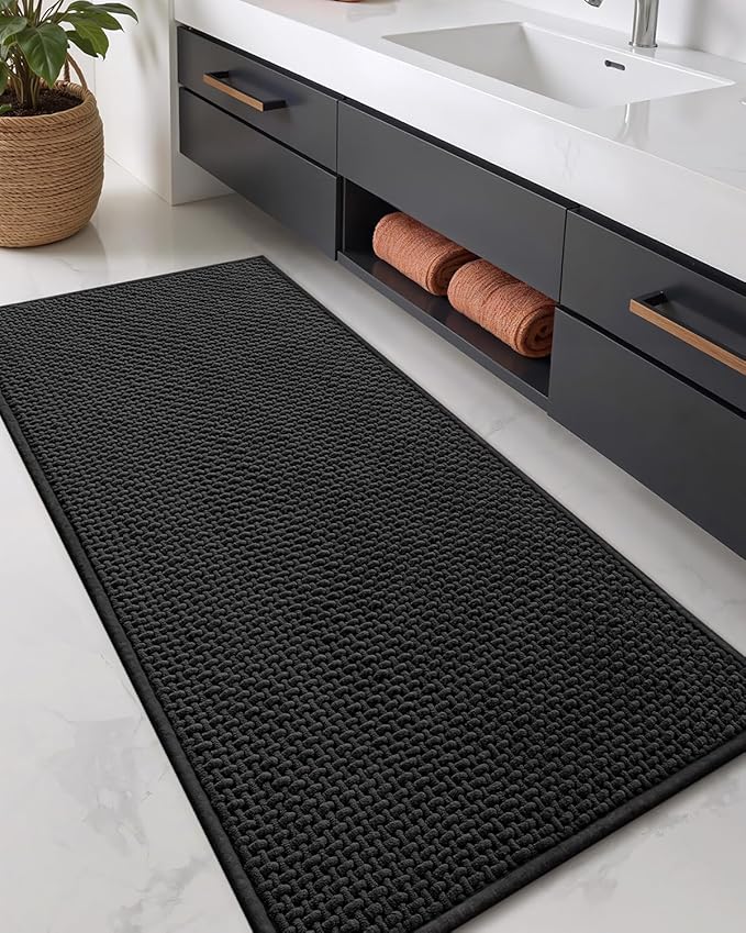 Color&Geometry Chenille Pile Large Bathroom Rugs Upgraded Denser, 24"x59" Non Slip Absorbent Black Bath Mats for Bathroom Thin Fit Under Door, Washable Quick Dry