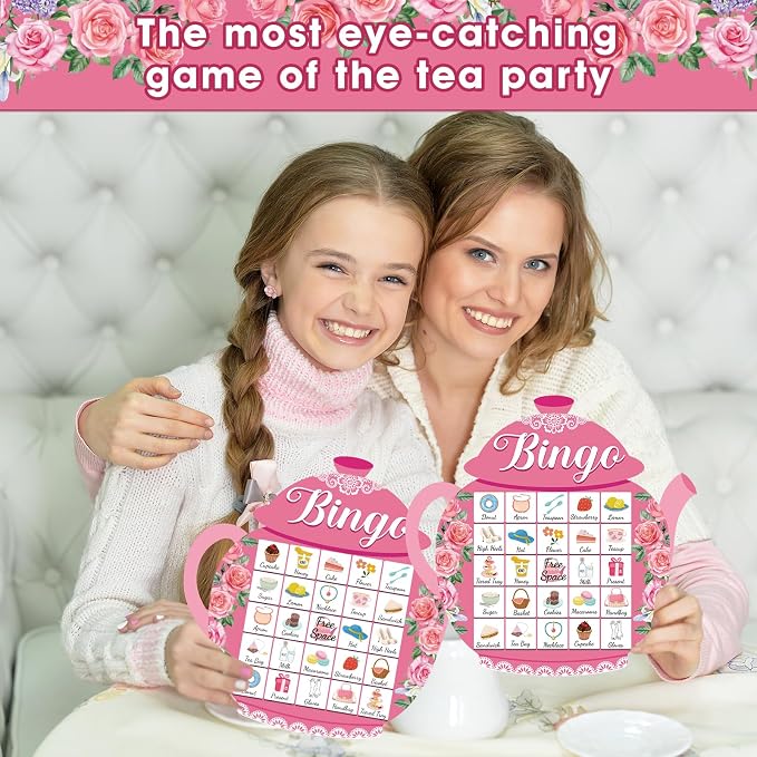 39Pcs Tea Party Bingo Game for Adults 24 Players Floral Teapot Shape Bingo Cards with Reward Stickers for Family Friend Student Large Group Activities Garden Bridal Wedding Holiday Party Favors