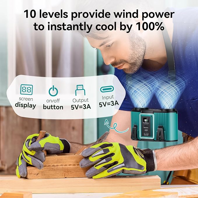 Doublepow 24000mAh Portable Waist Fan, Personal Fan, Dual Air Ducts Motors, Rechargeable Clip On Belt for Working, 10 Speeds 45H Wearable Neck Cooling, for Outdoor Work, Travel, Power Outage (Blue)