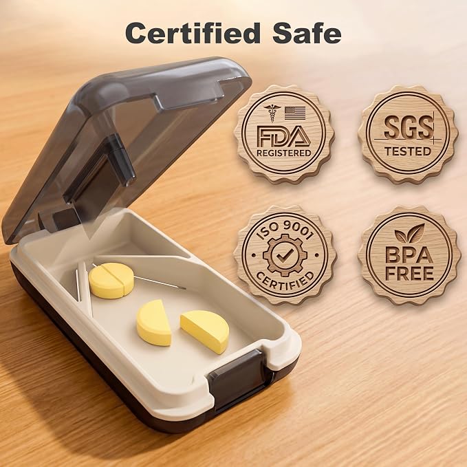 Fullicon Secure Precise Pill Cutter for Small Pills, Safe Tablet Slicer for Large Tiny Pills, Easy to Clean Coupe Pillule Portable Travel (Black)