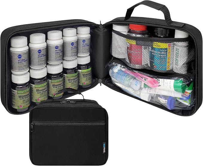 Large Medicine Organizer Bag - 10 Elastic Bands for Bottles - Pill Bottle Organizer for Travel & Home Storage, Black