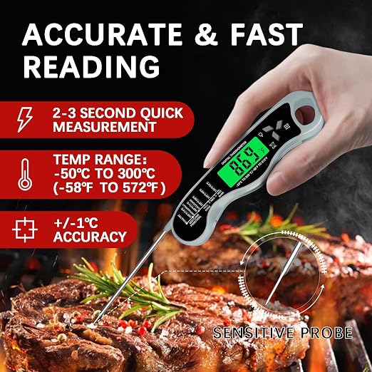 Cooking Thermometer，IP67 Waterproof Meat Thermometer Digital | Backlight，Magnetic attraction，Hold Function，Instant Read，LED screen，for Cooking,Outdoor Grilling