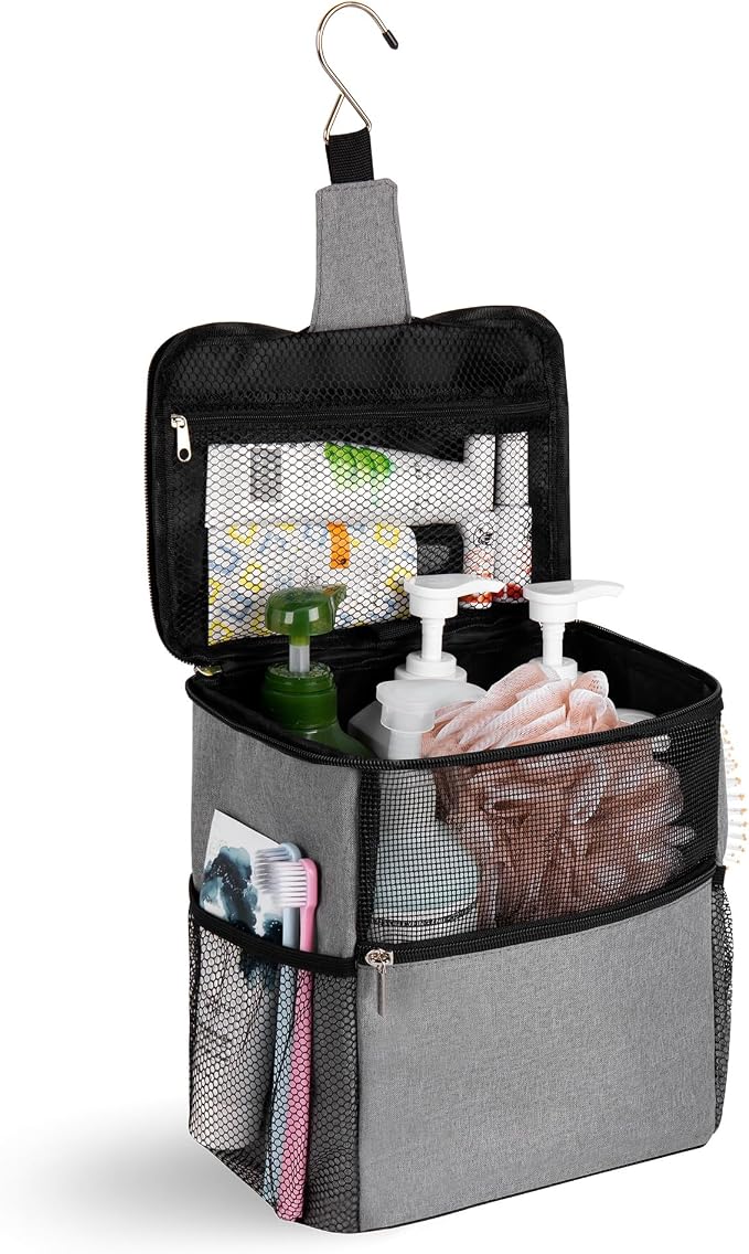 Mesh Shower Caddy Hanging for College Dorm Essentials Grey | Portable Bathroom Caddy Organizer Shower Tote Bag with Built-in Hook for Beach, Swimming, Gym camping
