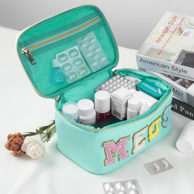 BuyCard Medicines Chenille Letter Bag Nylon Meds Makeup Pouch Preppy Path with Zipper and Handle Cosmetic Toiletry Storage Purse for Women Green