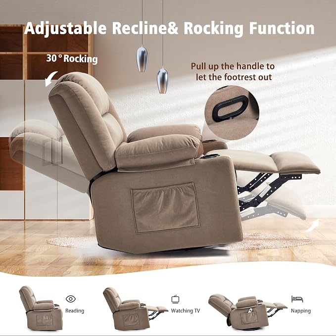 Ketaiyou Swivel Rocker Recliner Chair for Adults with Massage and Heat, Cup Holders and Side Pockets, Glider Rocking Reclining Single Sofa Chair for Living Room (Mocha2)