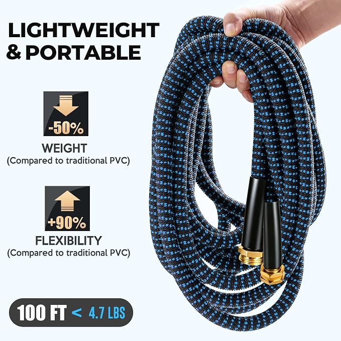 Expandable Garden Hose 100 ft with 10 Function Spray Nozzle, Flexible, Kink Free, Leak-Proof, Ultra Lightweight Retractable Stretch Water Hose 100ft for Yard, Lawn, Car Wash and Outdoor(Black & Blue)