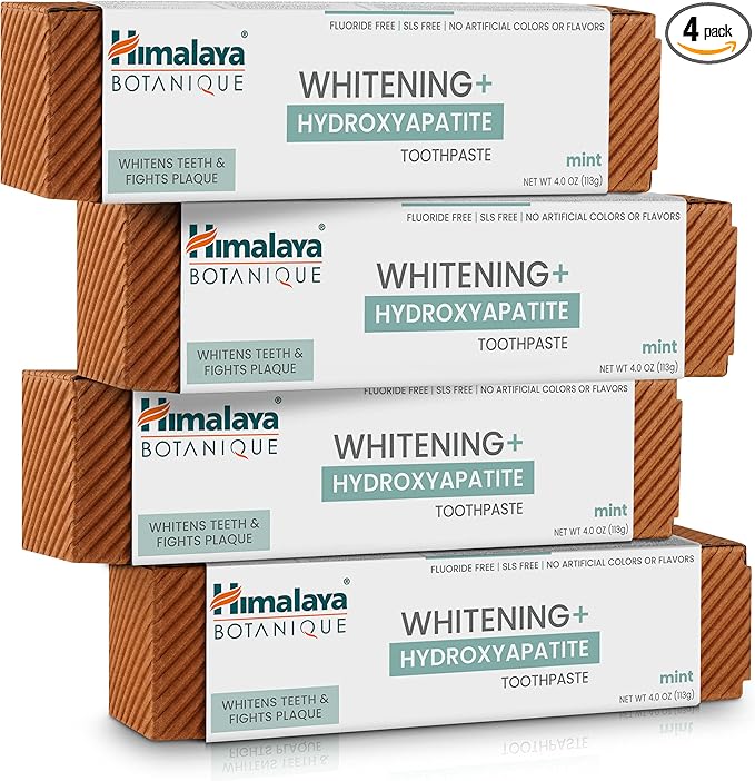 Himalaya Botanique Whitening + Hydroxyapatite Toothpaste, Mint Flavor - Nano Hydroxyapatite to Support Remineralization and Restore Enamel to Strengthen Teeth - Vegan, Gluten Free, 4 oz (Pack of 4)