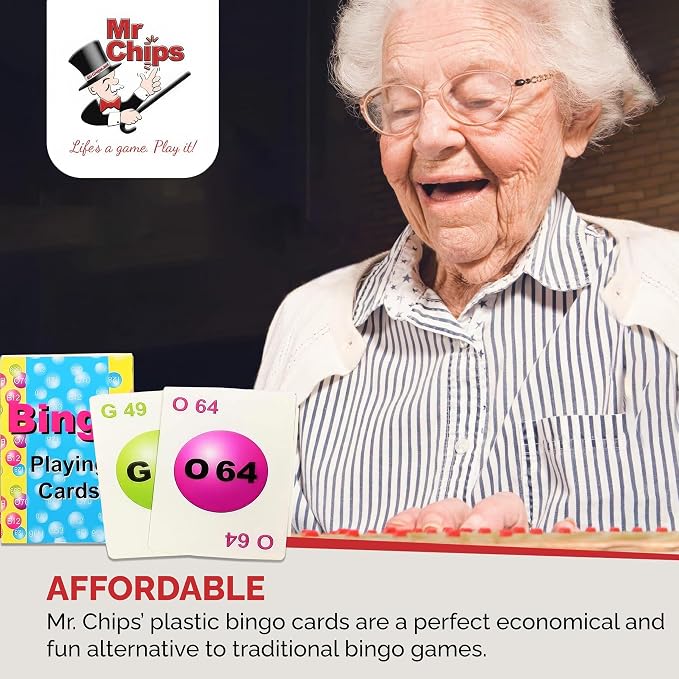 MR CHIPS Professional Plastic Coated Bingo Cards - Deck of 75 Playing Calling Colorful Reusable for Games on The go!
