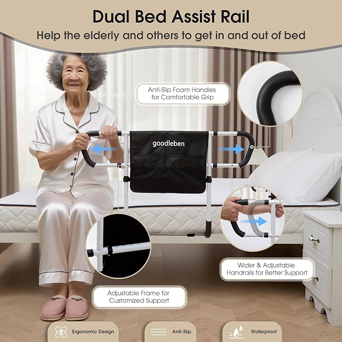 Double Bed Rail for Elderly Adults Safety, Adjustable Bed Assist Rail, Dual Side Bed Rail for Seniors Safety, Under Mattress Bed Guard Rail for Fall Prevention, Fits Twin/Full/Queen Beds